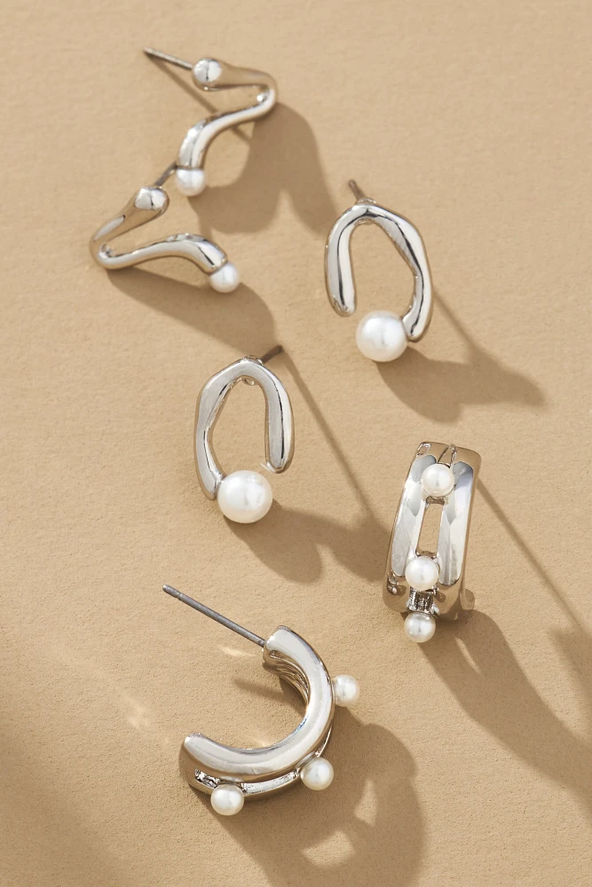 Pearl Huggie Hoop Earrings, Set of 3