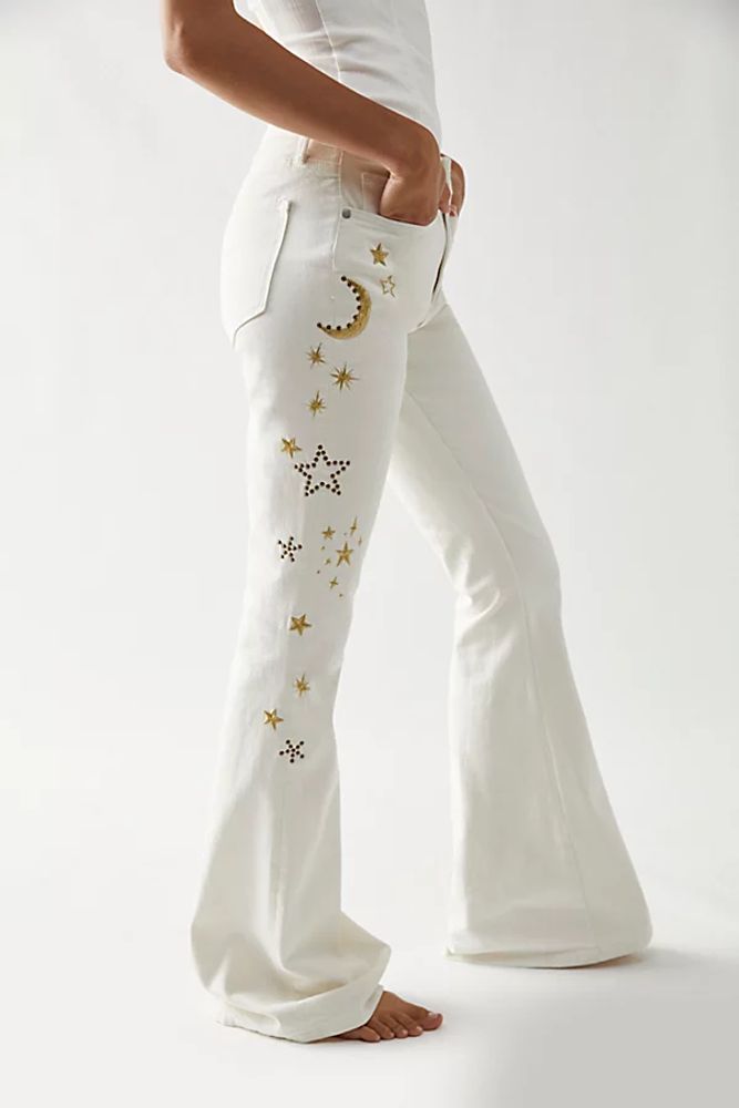 Free People x Driftwood Farrah Embroidered Flare Jeans by at People, Milky Way,