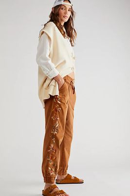 Driftwood Cord Embroidered Joggers by at Free People, Feathery Leaf,