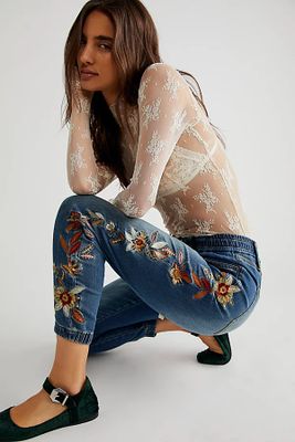 Driftwood Denim Embroidered Joggers by at Free People, Feathery Leaf,