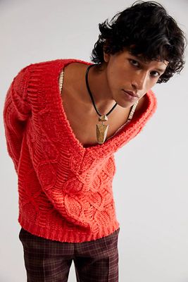 Cable V Pullover by Free People, Red Coral,