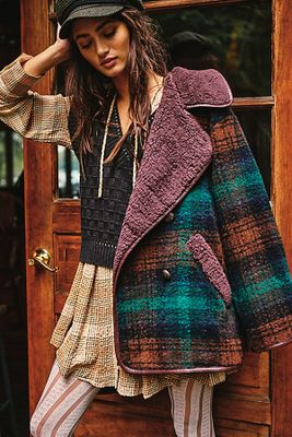 Misfits Plaid Peacoat by We The Free at Free People, Green Combo, XS