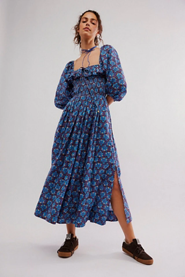 knee length dresses for ladies Free People Women's Calder Smocked Midi Dress - Blue