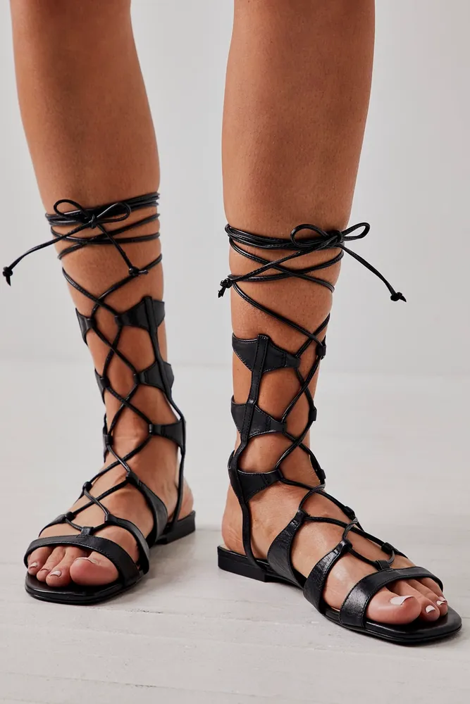 Roman Women Gladiator Sandals Summer Flat Peep Toe Rhinestone Knee High  Shoes | eBay