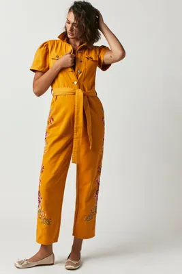 Driftwood Puff Sleeve Embroidered Jumpsuit