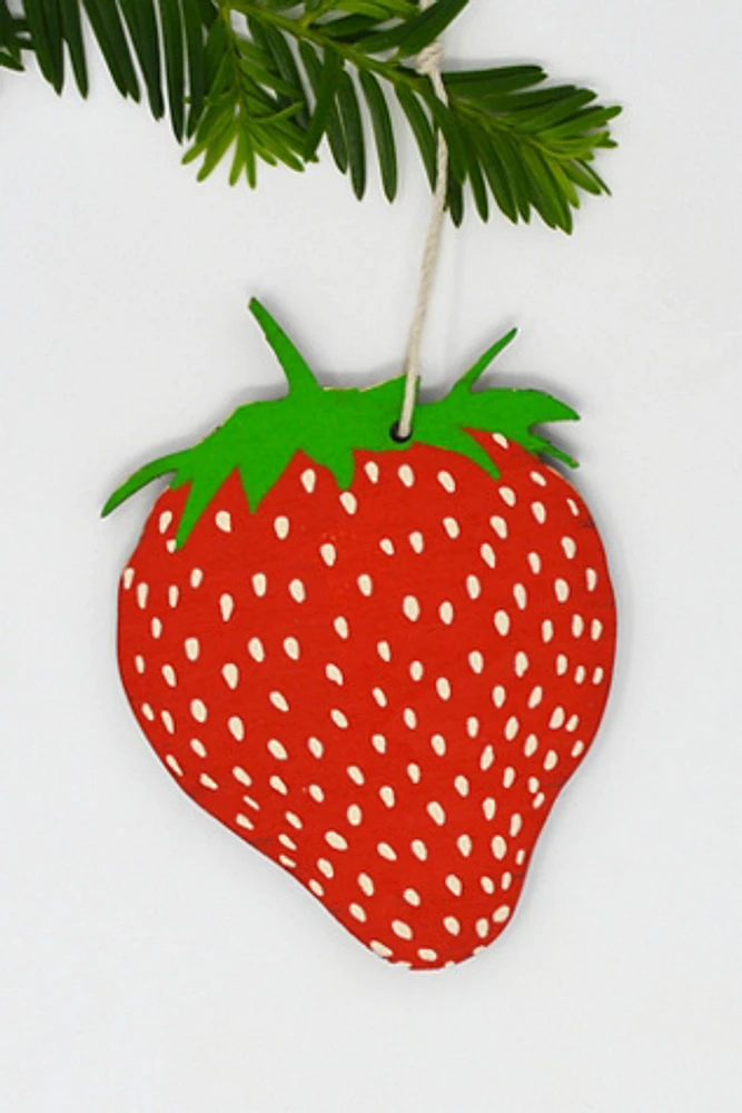 Wooden Silkscreen Strawberry Ornament