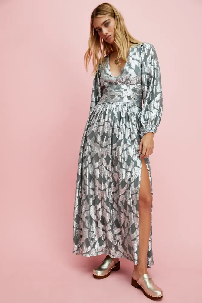 Lili tiered metallic floral-print knitted maxi dress