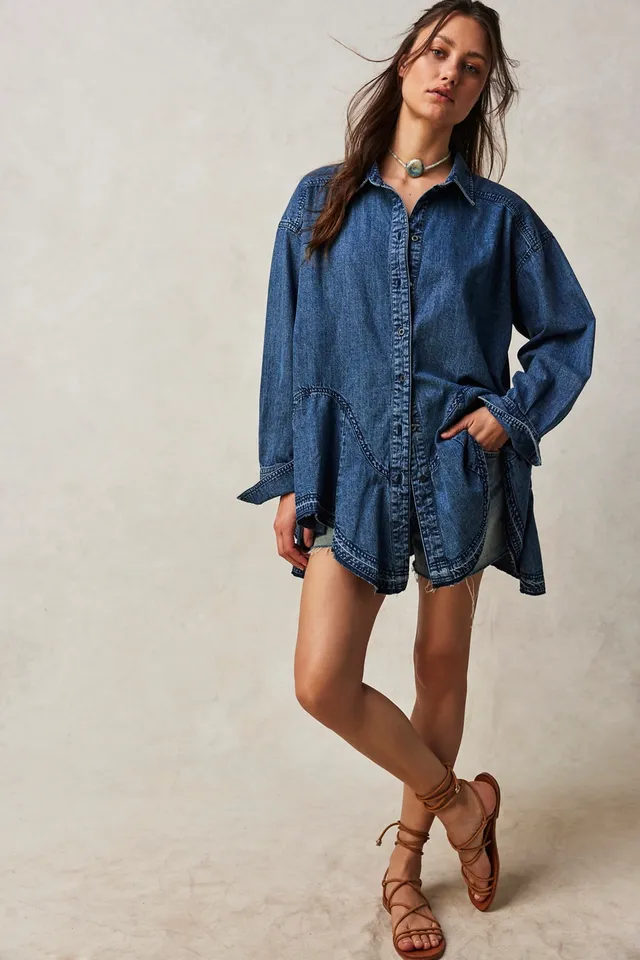 BETABRAND Farmers Market Forays Denim Stretch Tunic Dress Pockets ~ Small 