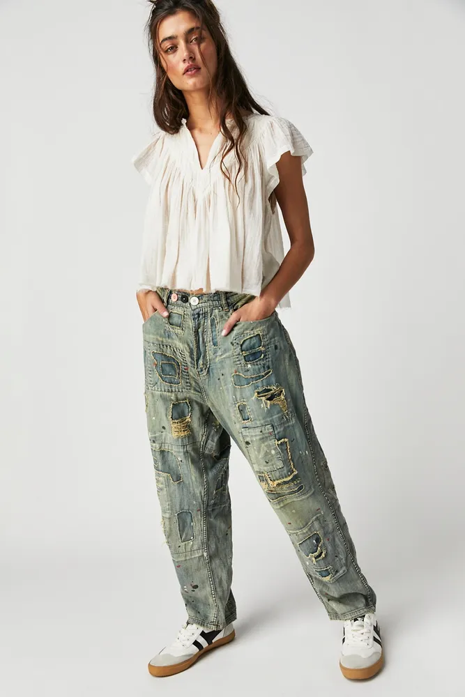 Indigo Patchwork Wide Leg Jeans, Denim