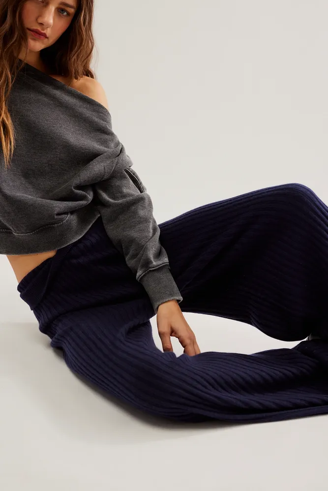 Cashmere Rib-Knit Leisure Bottoms, Wide-Leg Pants