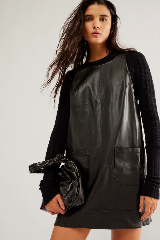 Vegan Leather Gathered Dress - Black