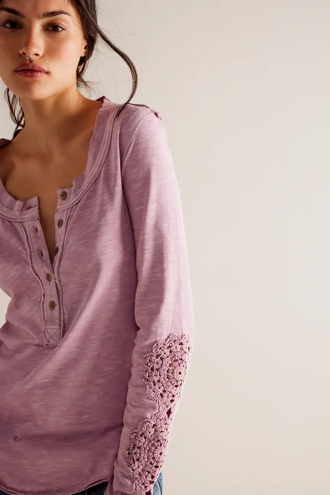 Free People Lace Sleeve Sleeve Detail Henley Shirt