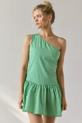 Motel Munasa One-Shoulder Drop Waist Gingham Mini Dress