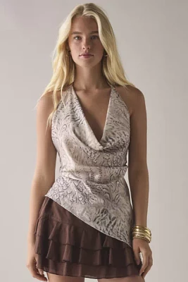 UO Quinn Asymmetric Satin Cowl Neck Halter Top