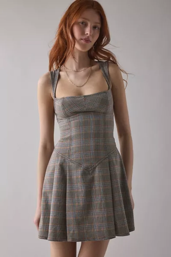 BDG Leah Pleated Open-Back Drop Waist Mini Dress