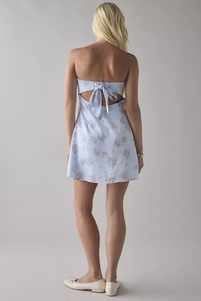 UO Mira Strapless Tie-Back Bow Satin Slip Mini Dress