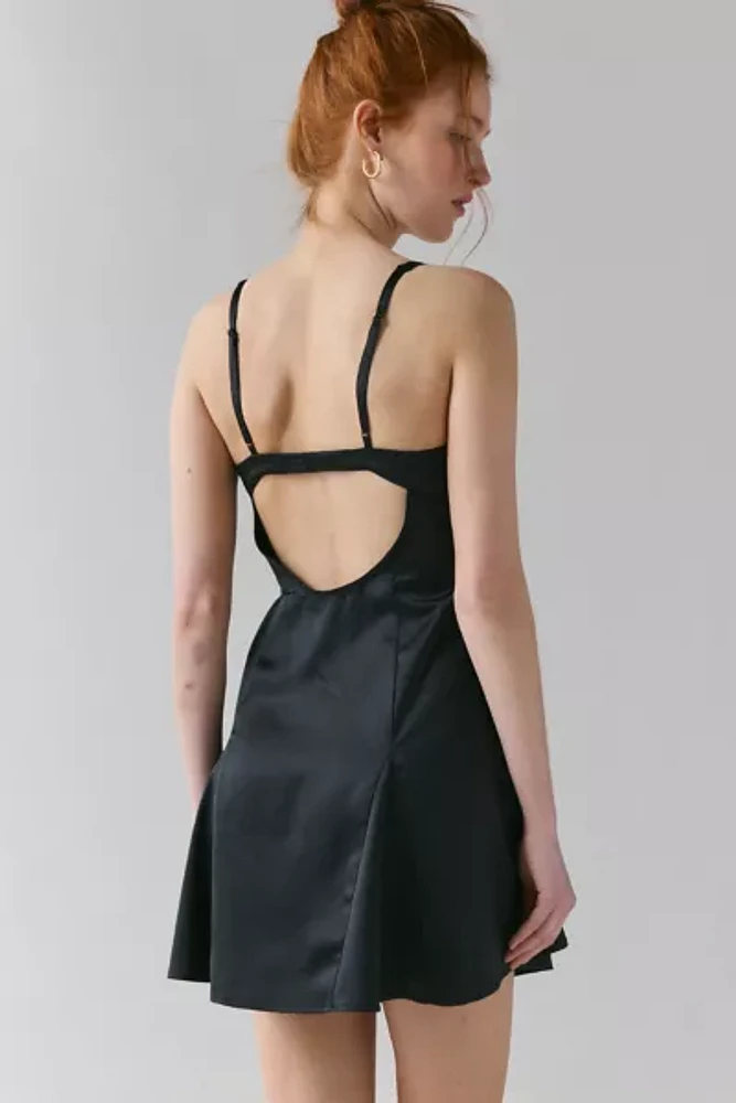 UO Liv Satin Fit-And-Flare Keyhole Open Back Mini Dress