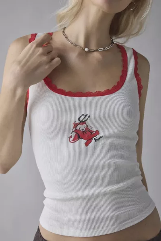 Lace Trim Graphic Scoop Neck Cropped Tank Top
