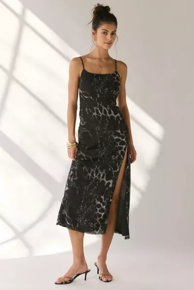 UO Mila Animal Print Mesh Slip Midi Dress