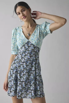 Glamorous Patchwork Floral Puff Sleeve Babydoll Mini Dress