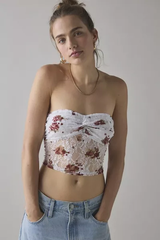 ReMADE By UO Remnants Twist-Front Floral Lace Tube Top