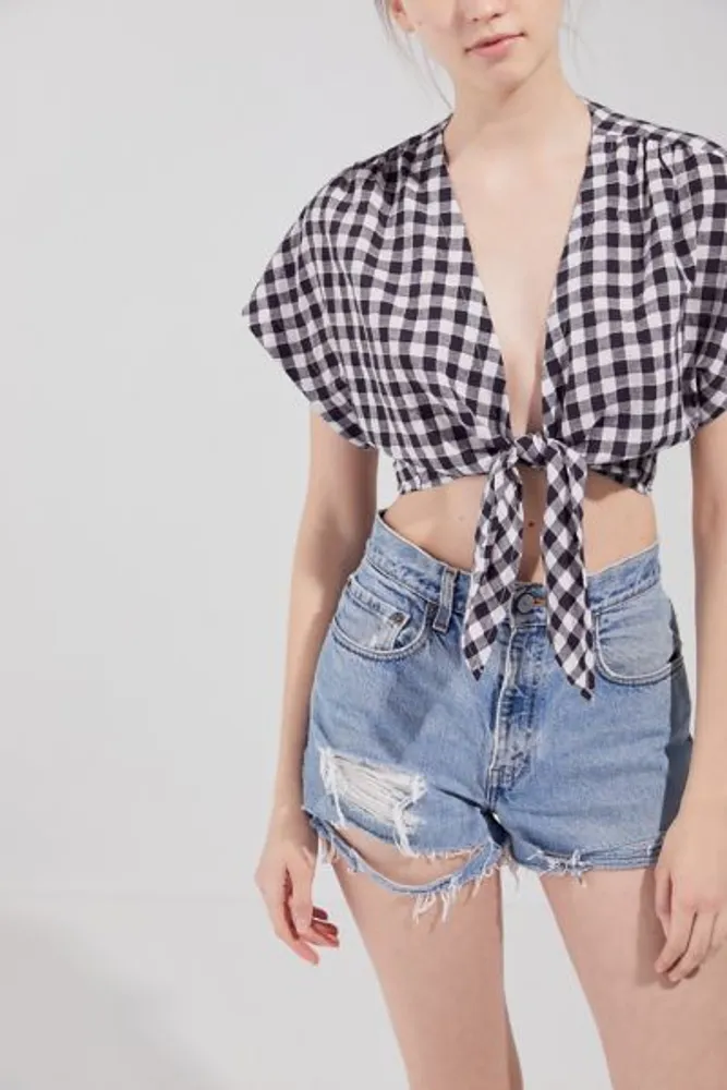UO Gingham Tie-Front Short Sleeve Blouse
