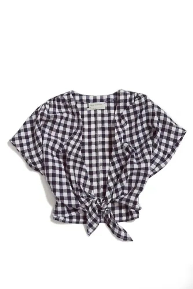UO Gingham Tie-Front Short Sleeve Blouse