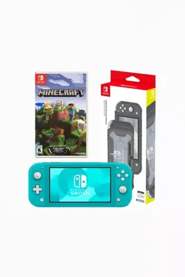 Nintendo Switch Lite Turquoise With Minecraft And System Protector Bundle