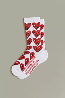 Keith Haring Allover Heart Print Crew Sock