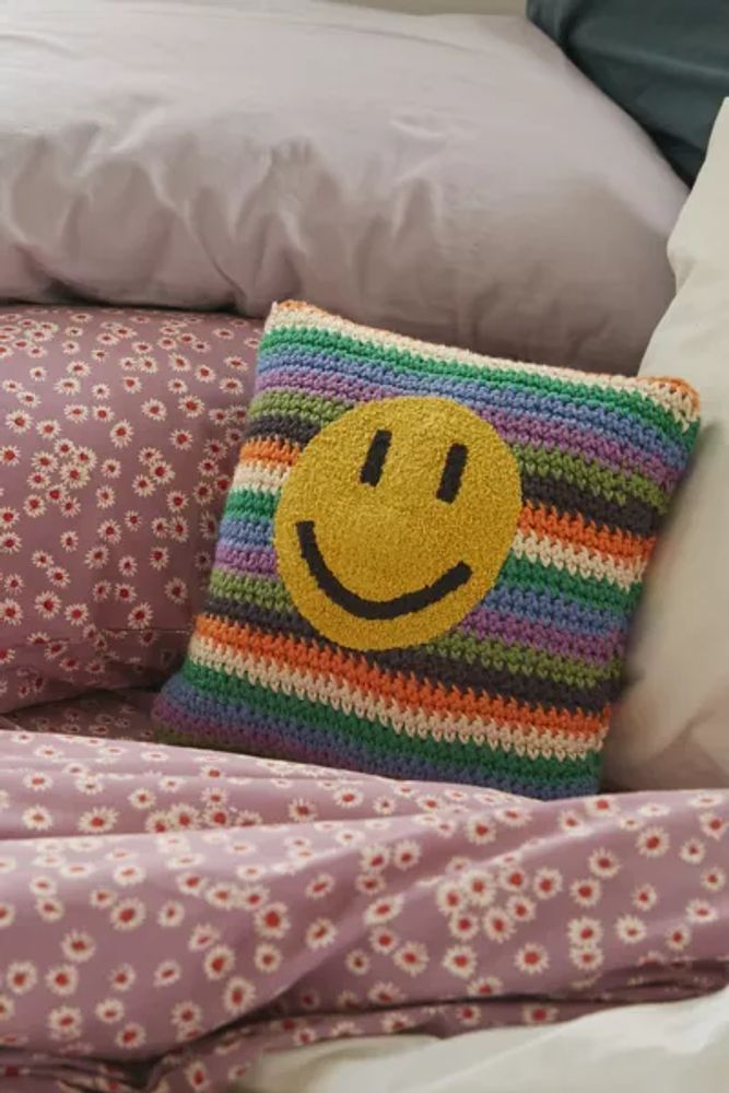 Happy Face Mini Crochet Throw Pillow