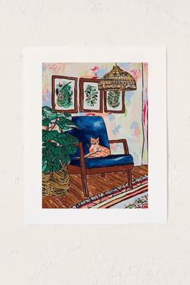 Lara Lee Meintjes Ginger Cat Peacock Chair With Indoor Jungle Of House Plants Interior Painting Art Print