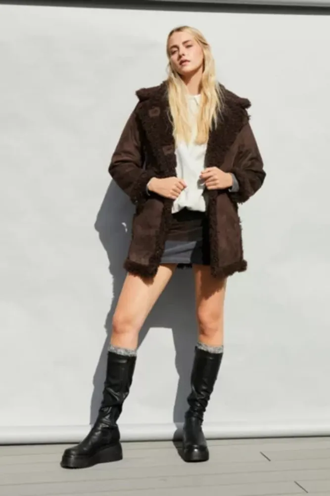 UO Faux Shearling Black Longline Coat