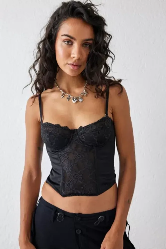 UO Ava Lace & Satin Corset Top - Pink L at Urban Outfitters