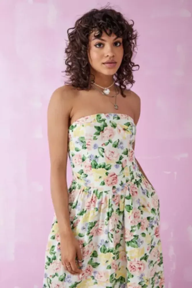 UO Beth Floral Bandeau Linen Midi Dress