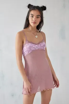 UO Pink Mya Mesh & Lace Slip Dress