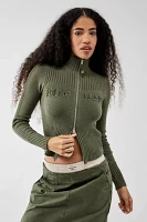 BDG Khaki Zip-Through Distressed Knit Track Top