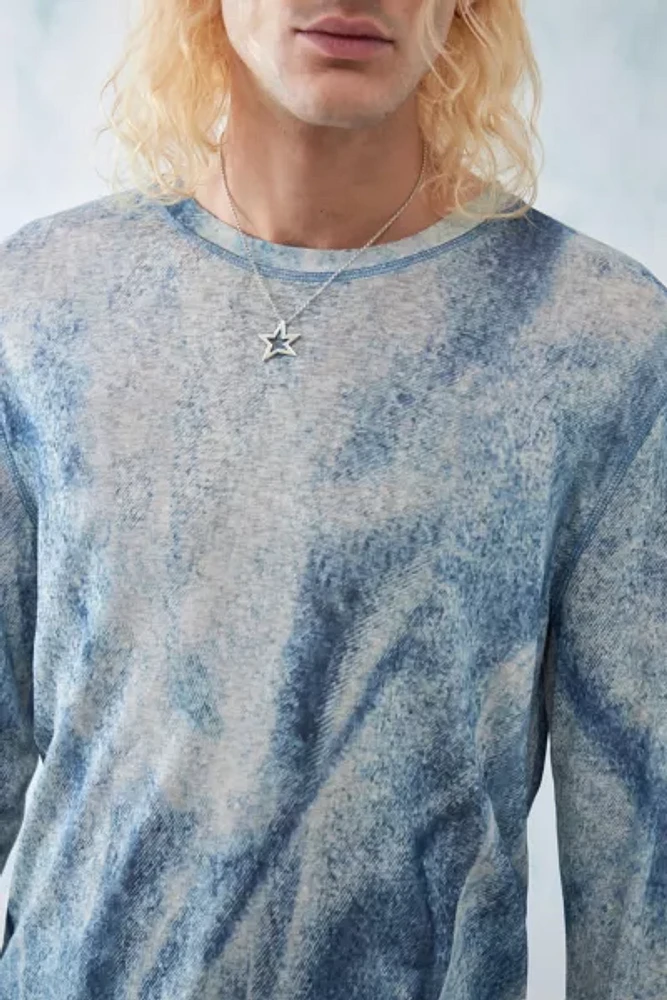 UO Blue Denim Print Mesh Long Sleeve Tee