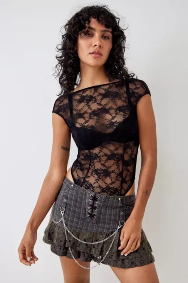Urban Outfitters Uo Leah Semi-sheer Lace Romper in Black