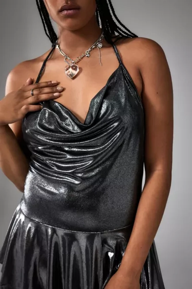 UO Foil Cowl Halter Romper