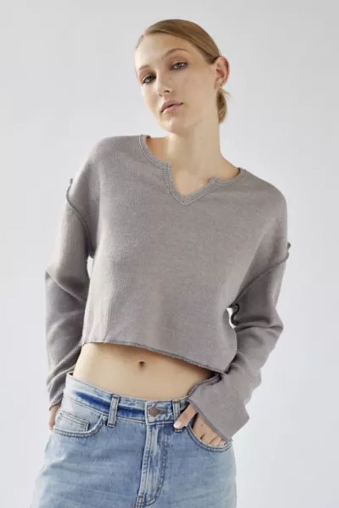 Notch Neck Ribbed Long Sleeve Top