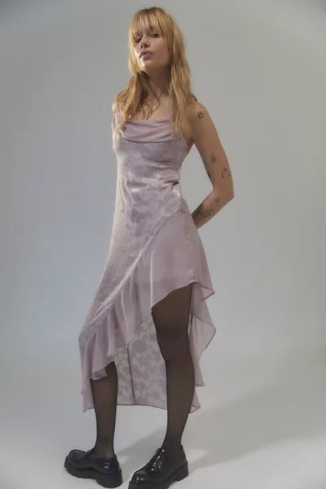 UO Tierra Chiffon Cowl Neck Asymmetrical Midi Dress