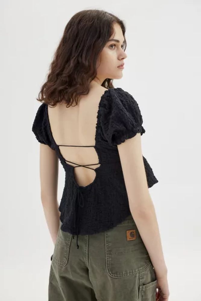 UO Beverly Textured Lace-Up Babydoll Blouse