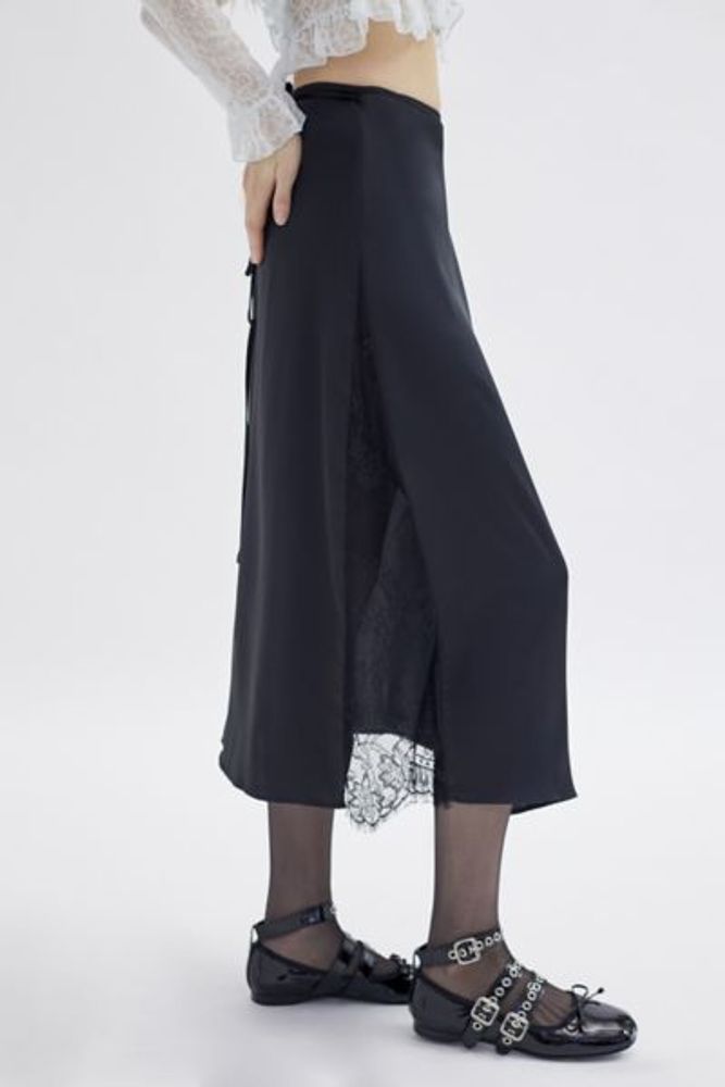 UO Olive Satin & Lace Midi Skirt