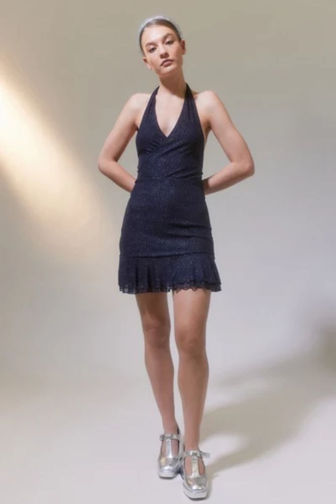 Motel X UO Exclusive Yapi Sparkle Halter Mini Dress
