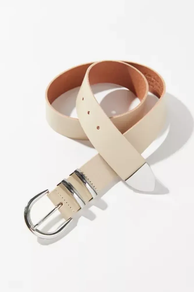 Wide rounded-buckle leather belt