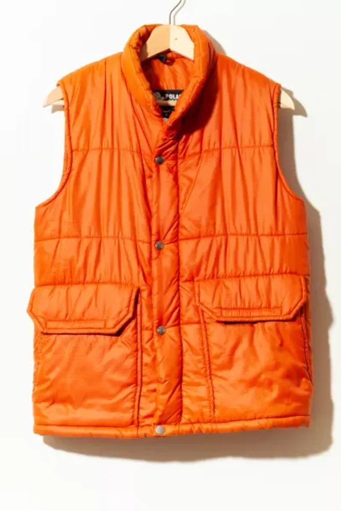 Vintage 1970s Distressed Orange Polar Bear Puffer Vest