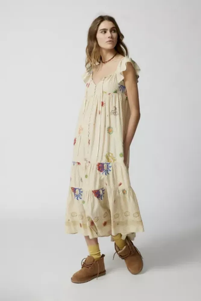 UO Gaby Embroidered Midi Dress