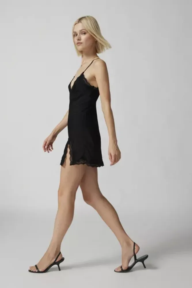 Hollister satin slip mini dress with lace trim in black