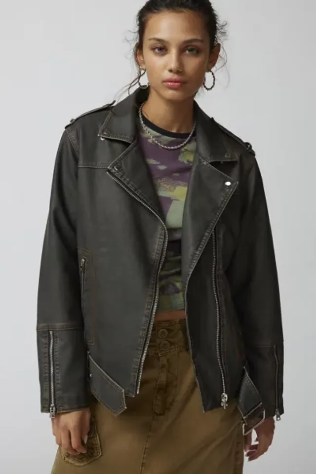 UO Jordan Faux Leather Fitted Racer Moto Jacket