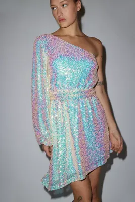 Glamorous Iridescent Sequin One Shoulder Mini Dress